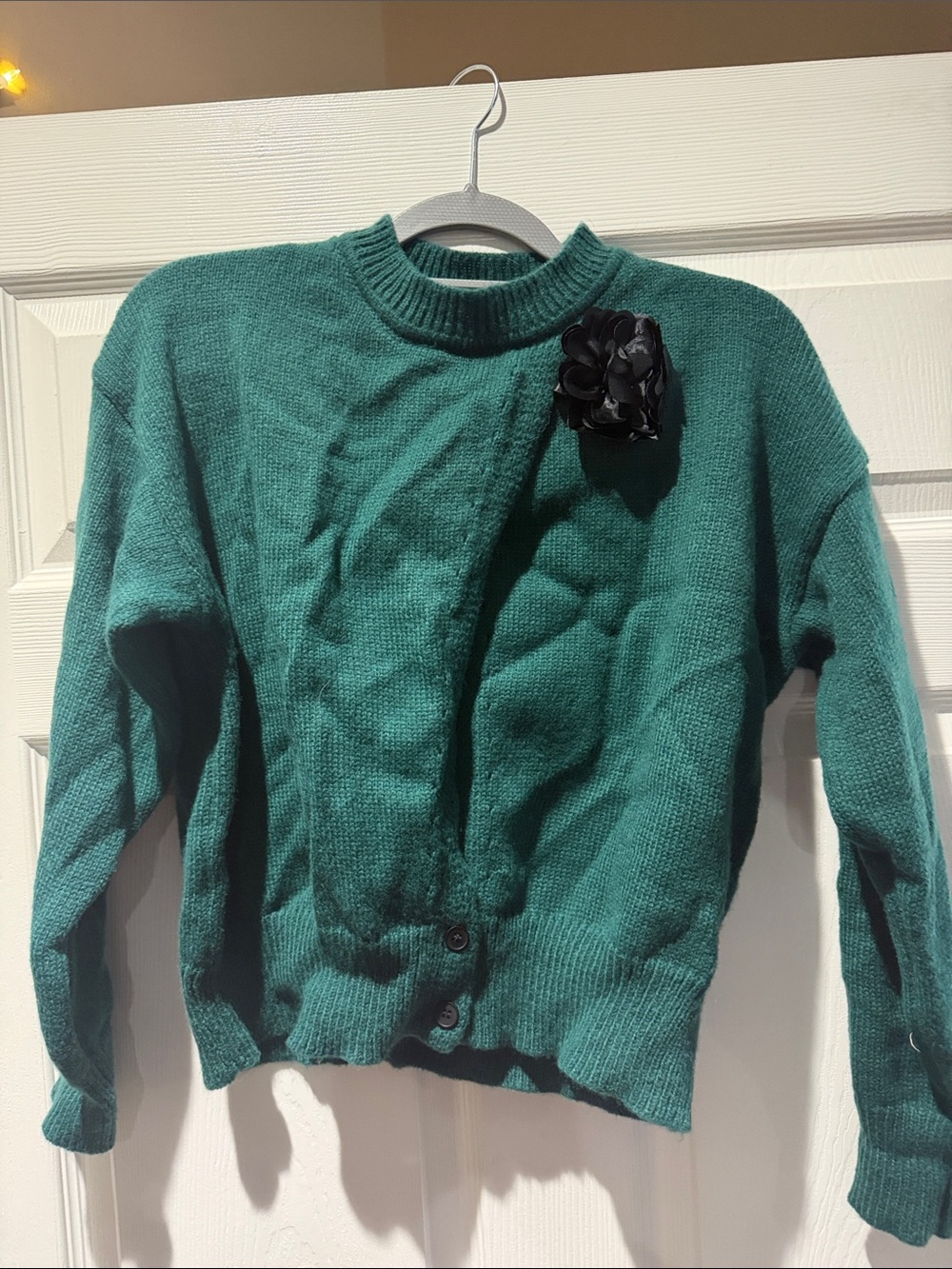 SHEIN Teal Crewneck Sweater with Black Floral Brooch